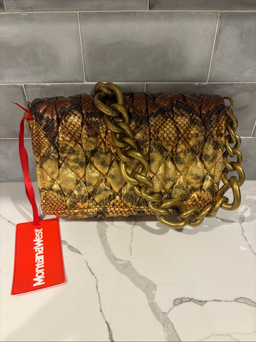 Montana West Quilted Snake-Print Crossbody in Gold and Brown